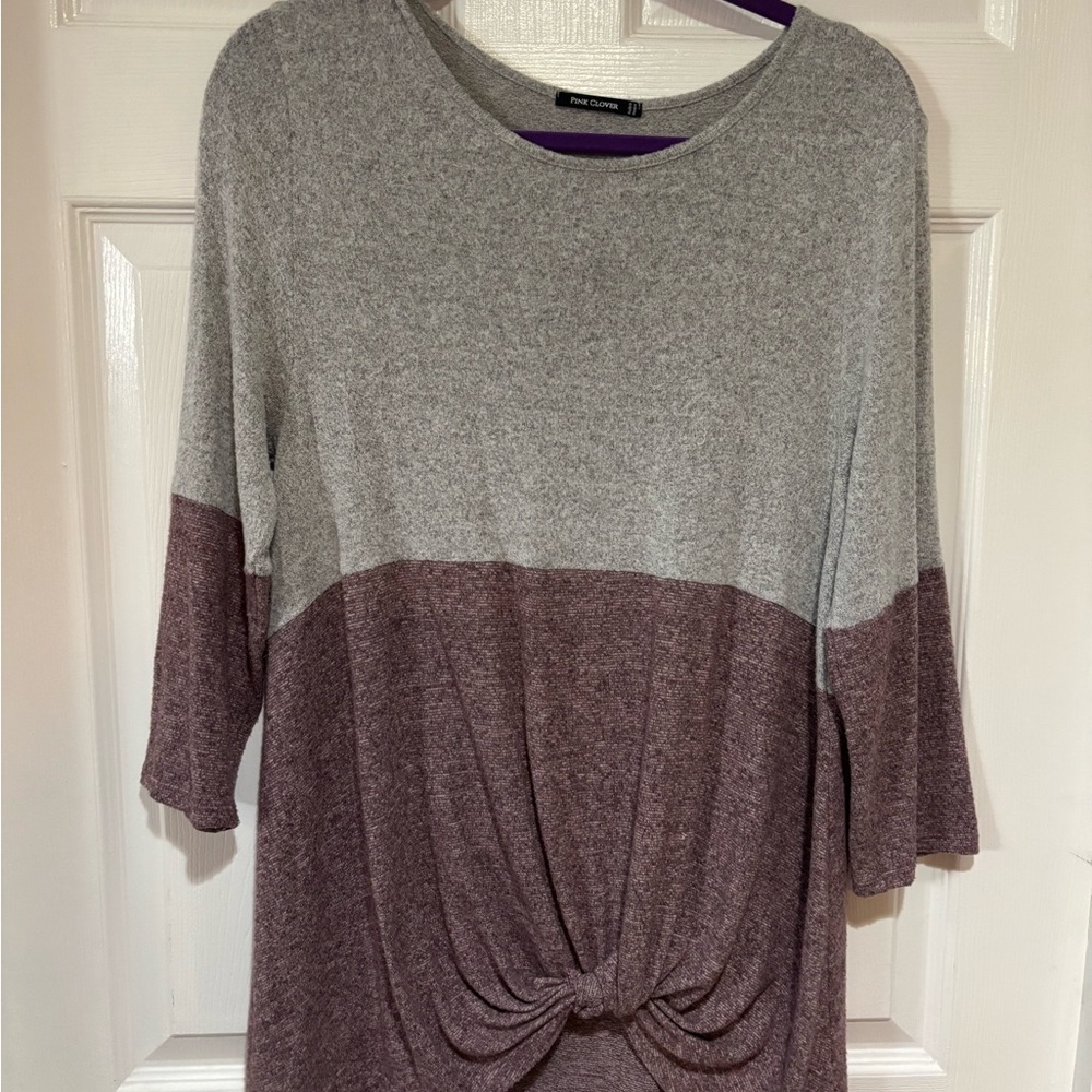 Pink Clover Two-Tone Grey and Mauve Knot Front Tunic